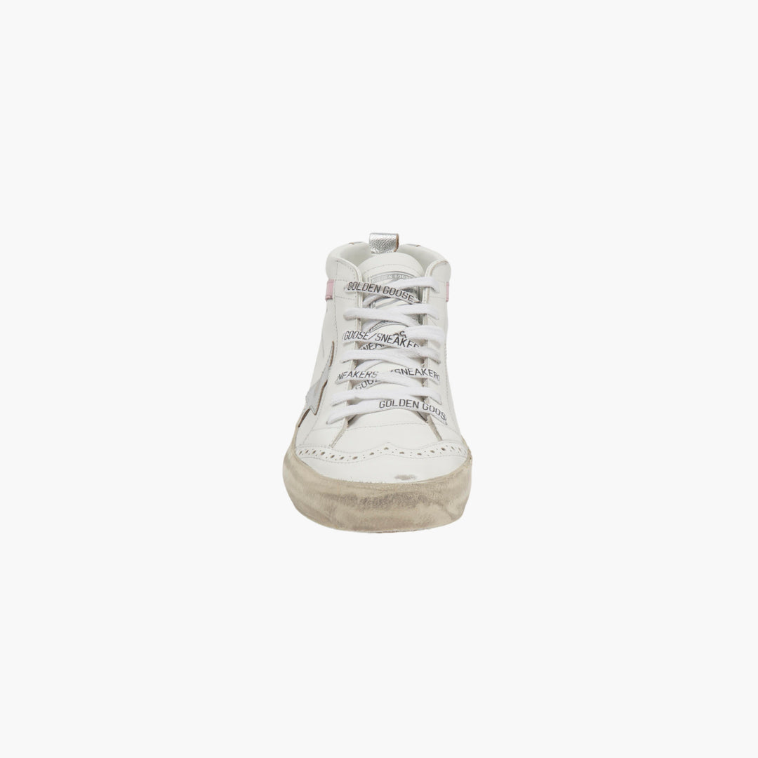 Golden Goose Mid Star Sneakers - White/Pink/Silver Distressed Designer Shoes Made in Italy