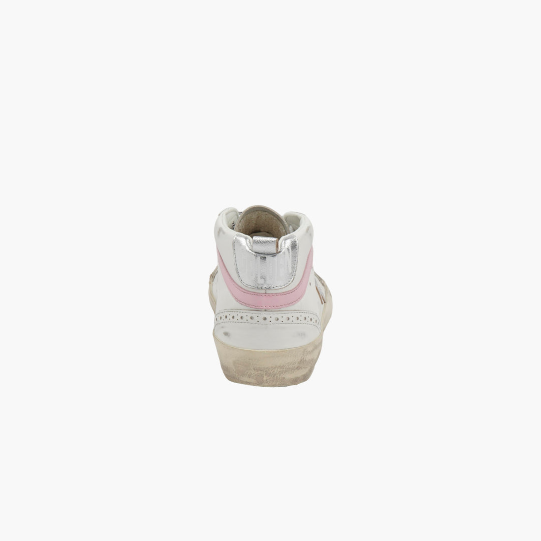 Golden Goose Mid Star Sneakers - White/Pink/Silver Distressed Designer Shoes Made in Italy