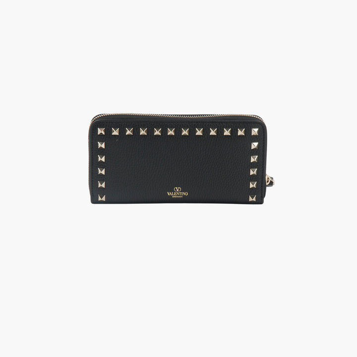 Valentino Black-Gold Rockstud Leather Wallet