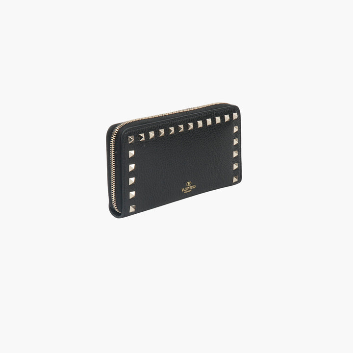 Valentino Black-Gold Rockstud Leather Wallet