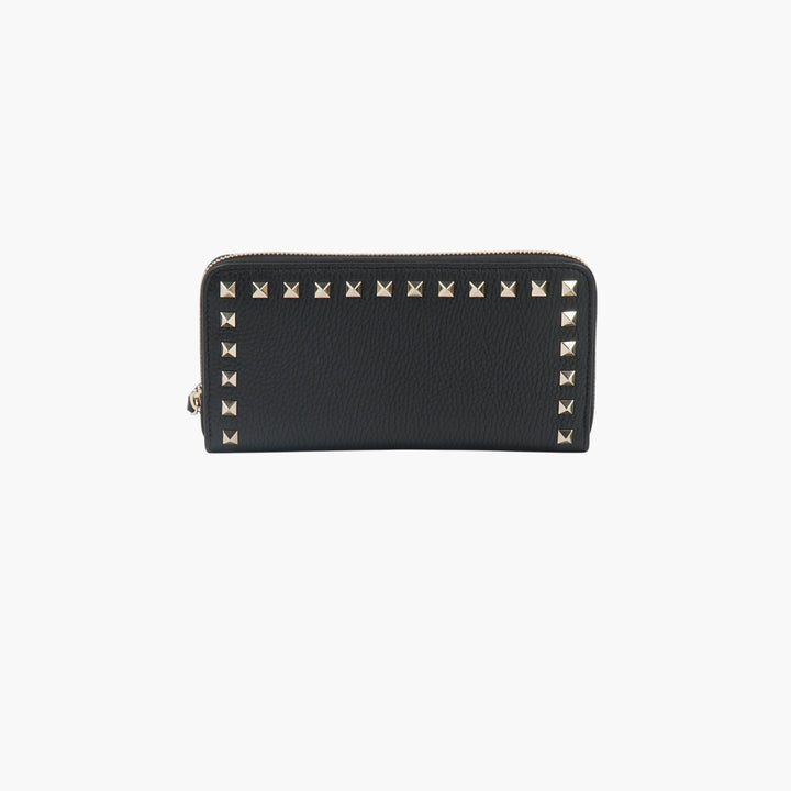 Valentino Black-Gold Rockstud Leather Wallet