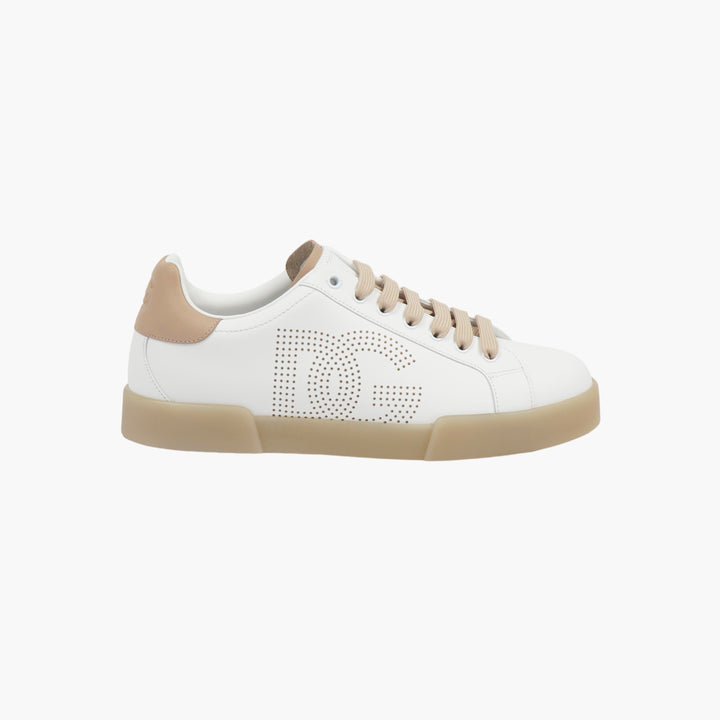 Dolce & Gabbana White-Beige Sneakers with Perforated Logo