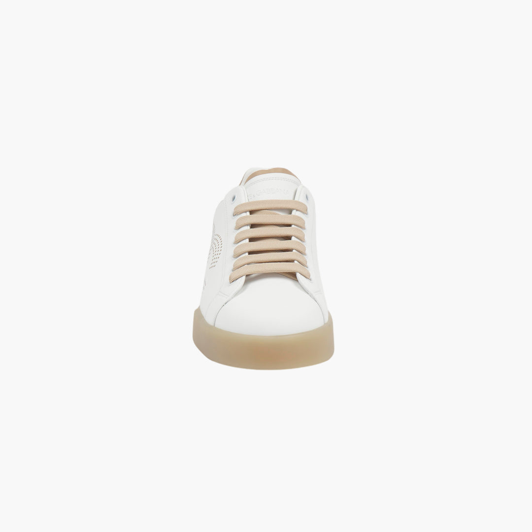 Dolce & Gabbana White-Beige Sneakers with Perforated Logo