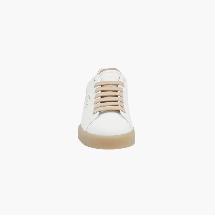 Dolce & Gabbana White-Beige Sneakers with Perforated Logo