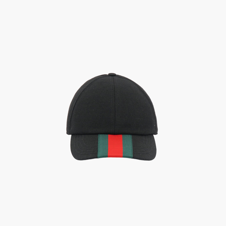 GUCCI Black Cotton Cap with Iconic Green and Red Stripe