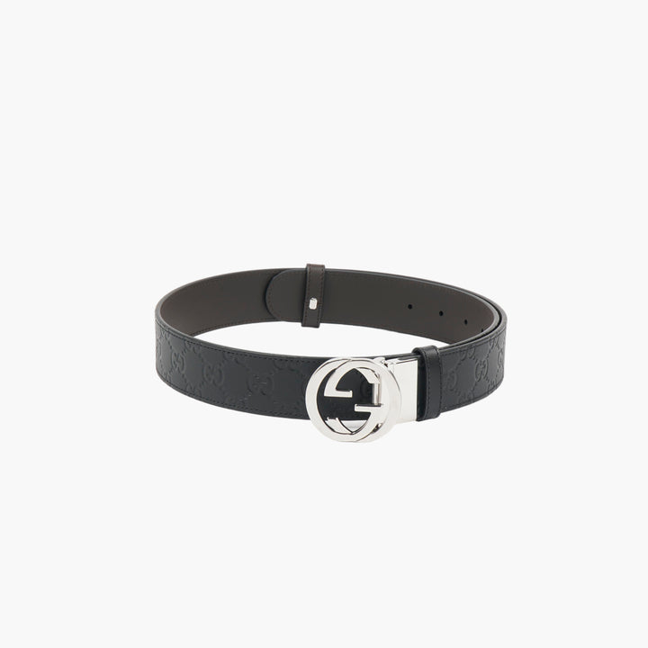 GUCCI Leather Belt with Iconic Interlocking G Buckle - Black/Dark Brown