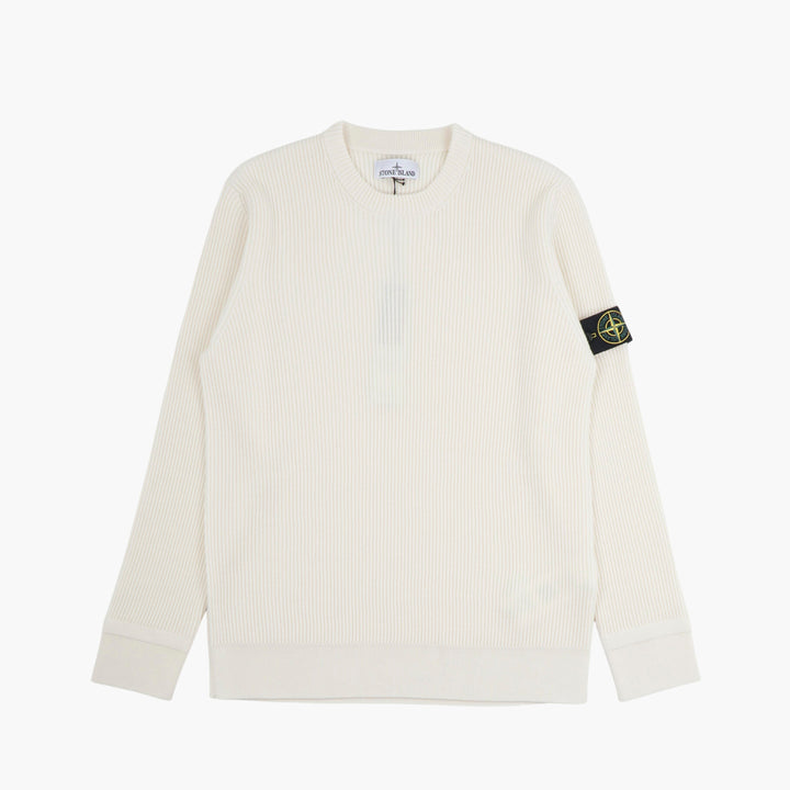 STONE ISLAND Classic White Ribbed Knit Sweater with Signature Compass Patch