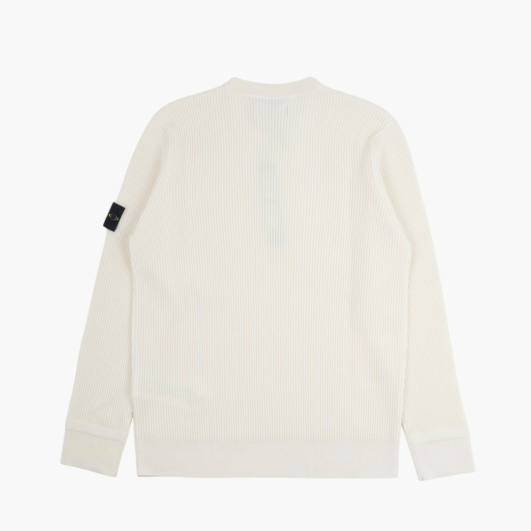 STONE ISLAND Classic White Ribbed Knit Sweater with Signature Compass Patch