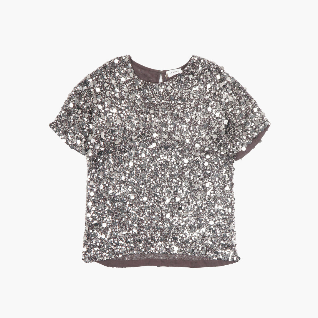 PAROSH Silver Sequin Short Sleeve Top