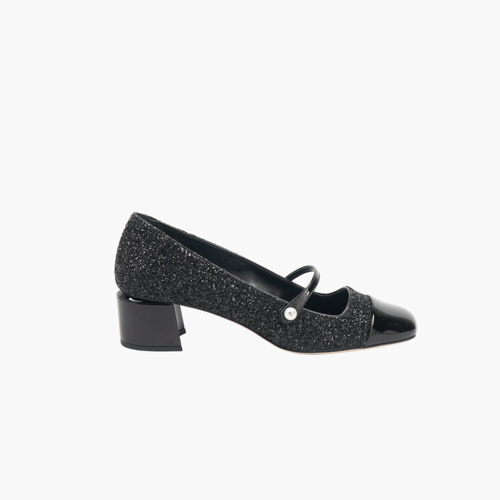 Jimmy Choo Black Glitter Block Heel Pumps