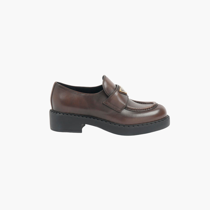 Prada Dark Brown Gold Leather Loafers