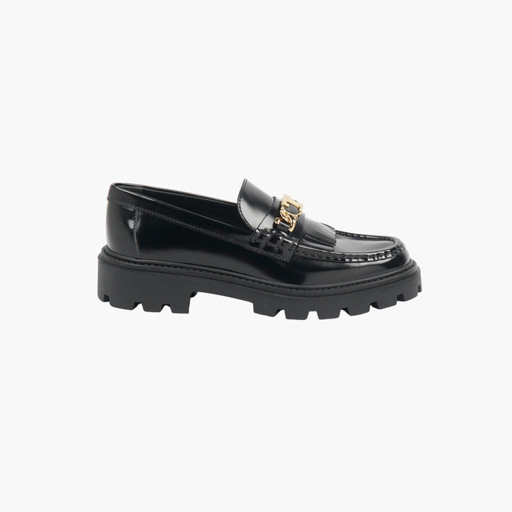 TOD'S Black Leather Gold Chain Loafers