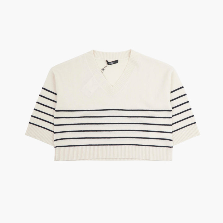 Max Mara Ivory-Navy Striped V-Neck Sweater