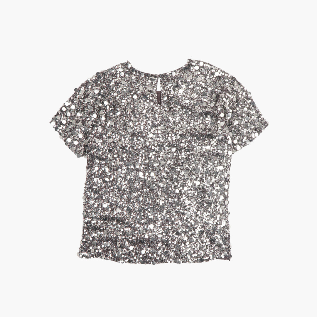 PAROSH Silver Sequin Short Sleeve Top